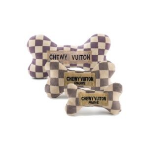 Tan Checker Chewy Vuiton Bones Squeaker Dog Toy