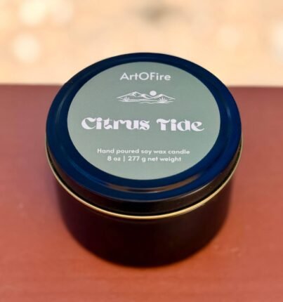 8 oz Black Tin Soy Candle – Citrus Tide – Wholesale