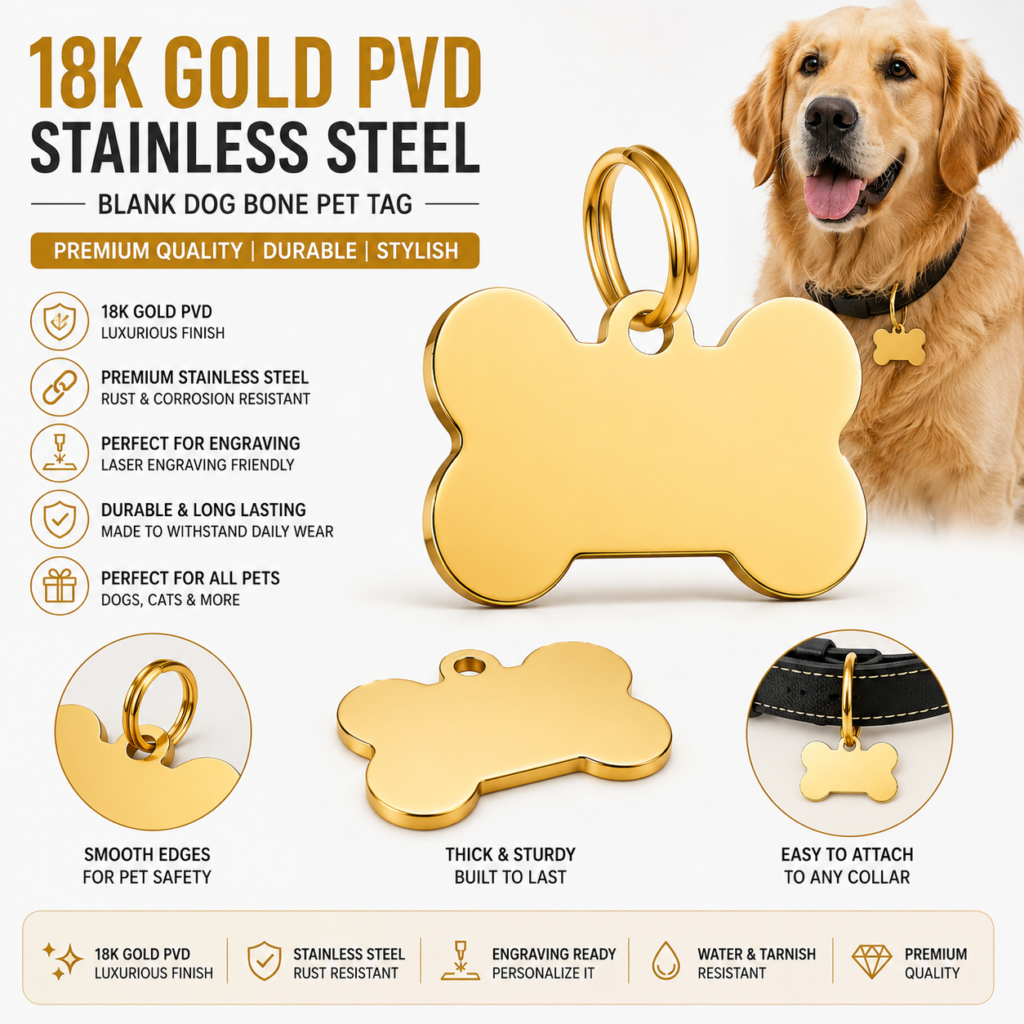 18K Gold PVD Stainless Steel Blank Dog Bone Pet Tag