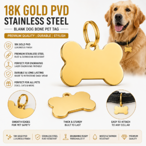 18K Gold PVD Stainless Steel Blank Dog Bone Pet Tag