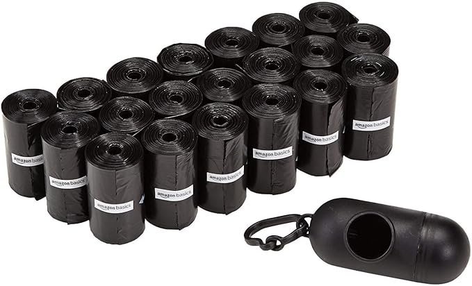 Standard Dog Poop Bags With Dispenser and Leash Clip, Unscented, 300 Count, 20 Pack of 15, Black, 13 Inch x 9 Inch