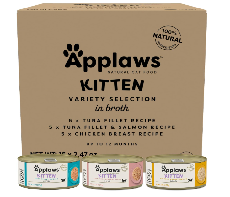 Applaws: Kitten Wet Cat Food Tuna, Salmon & Chicken Variety in Broth – 16 Pack
